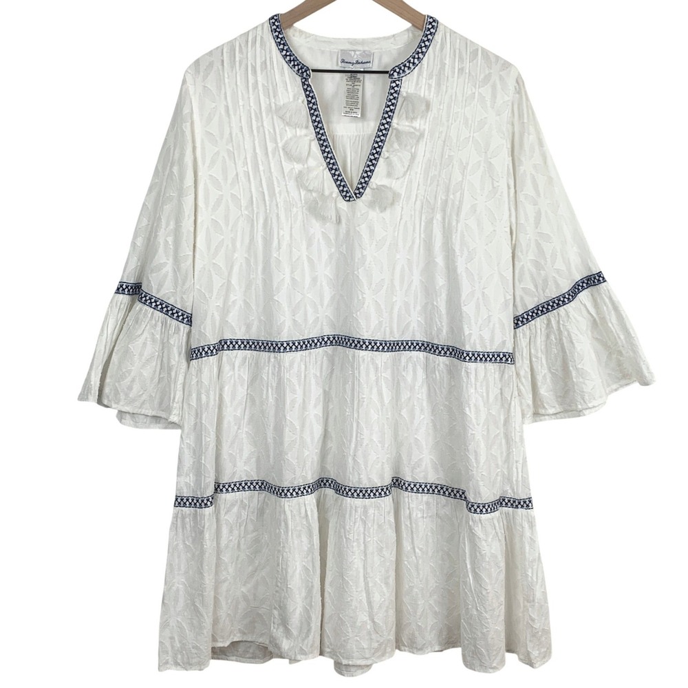 TOMMY BAHAMA Embroidered Cotton Tassel Tiered Tunic Dress Sz M White Lined